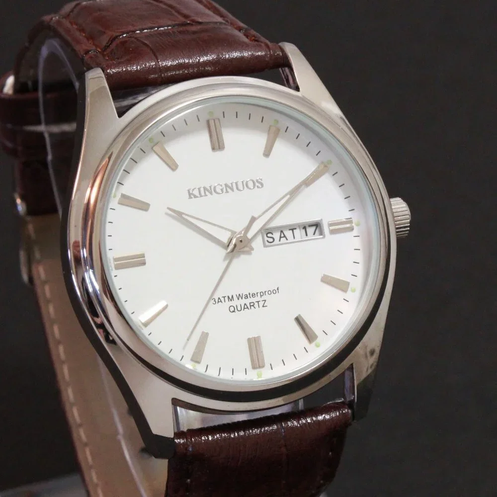 Men's Contemporary Dress Watch Silver Case Brown Leather Watch Strap 40mm